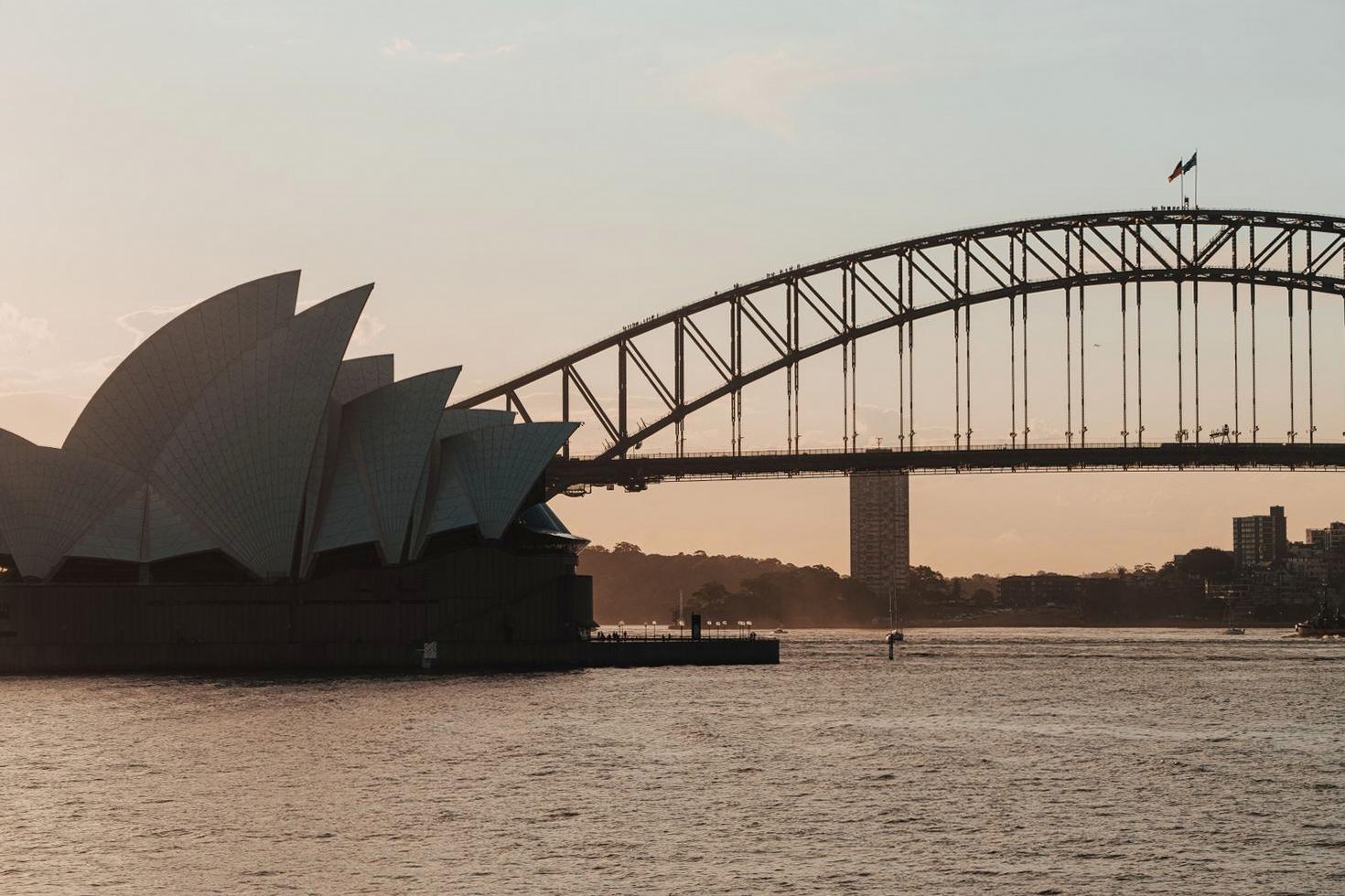 Sydney Harbour Bridge at dusk from The Grand Alcazar Hotel terrace